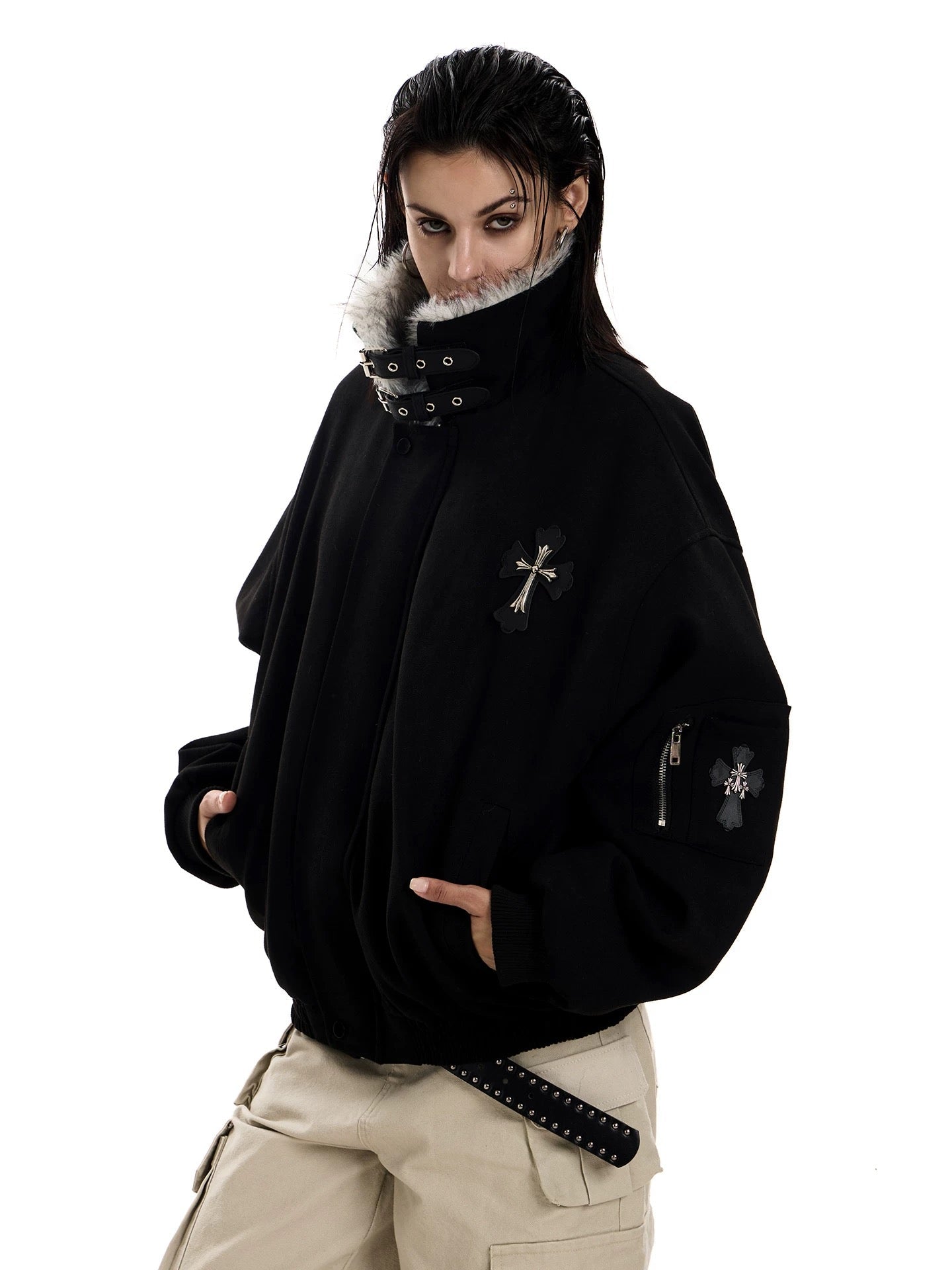 3-6-5.shop Faux Fur Collar Suede-Texture Buckle Bomber Jacket