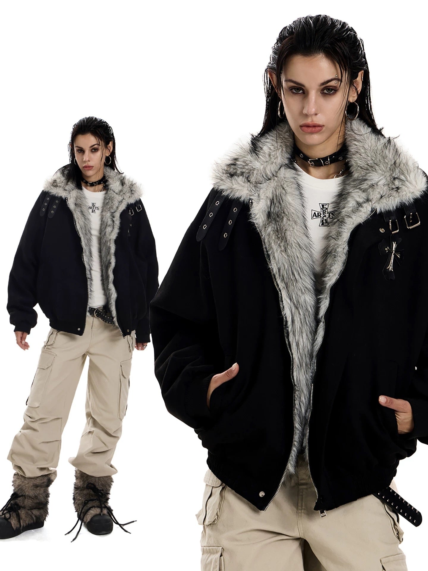 3-6-5.shop Faux Fur Collar Suede-Texture Buckle Bomber Jacket