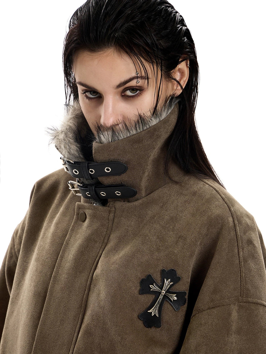 3-6-5.shop Faux Fur Collar Suede-Texture Buckle Bomber Jacket