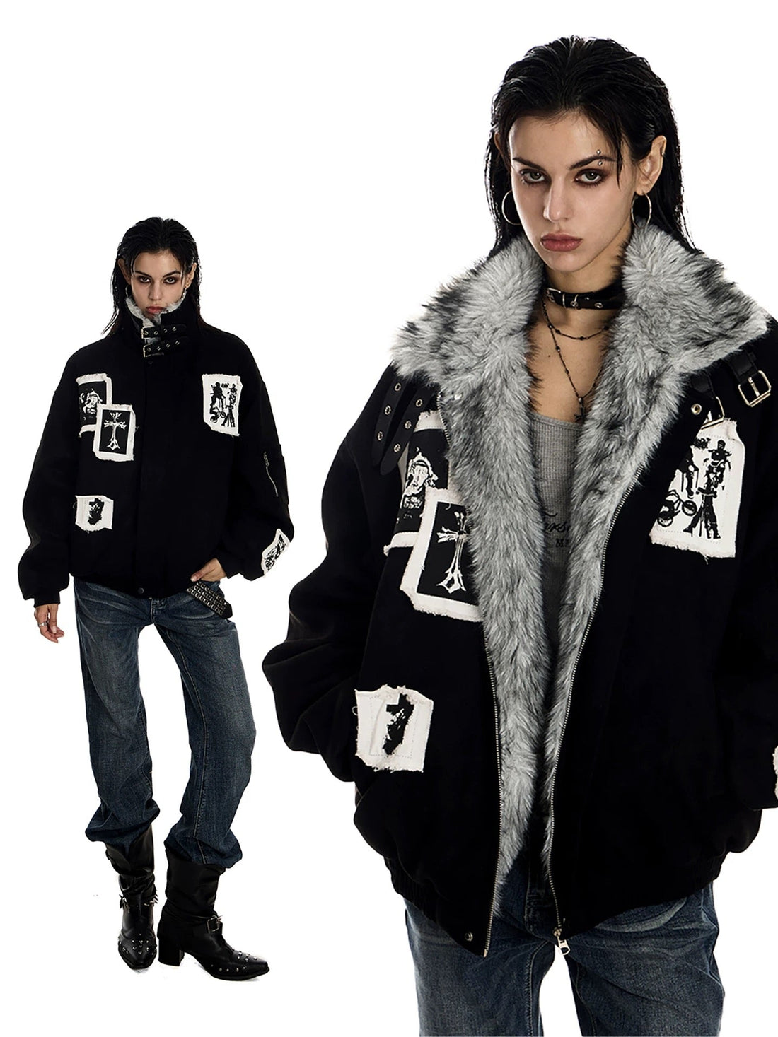 3-6-5.shop Patchwork Fur-Lined Jacket