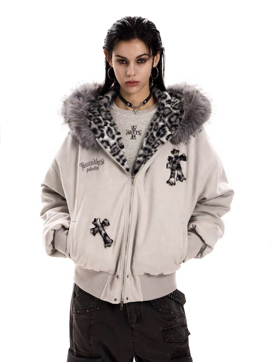 3-6-5.shop Cross Patch Fur Hoodie Jacket