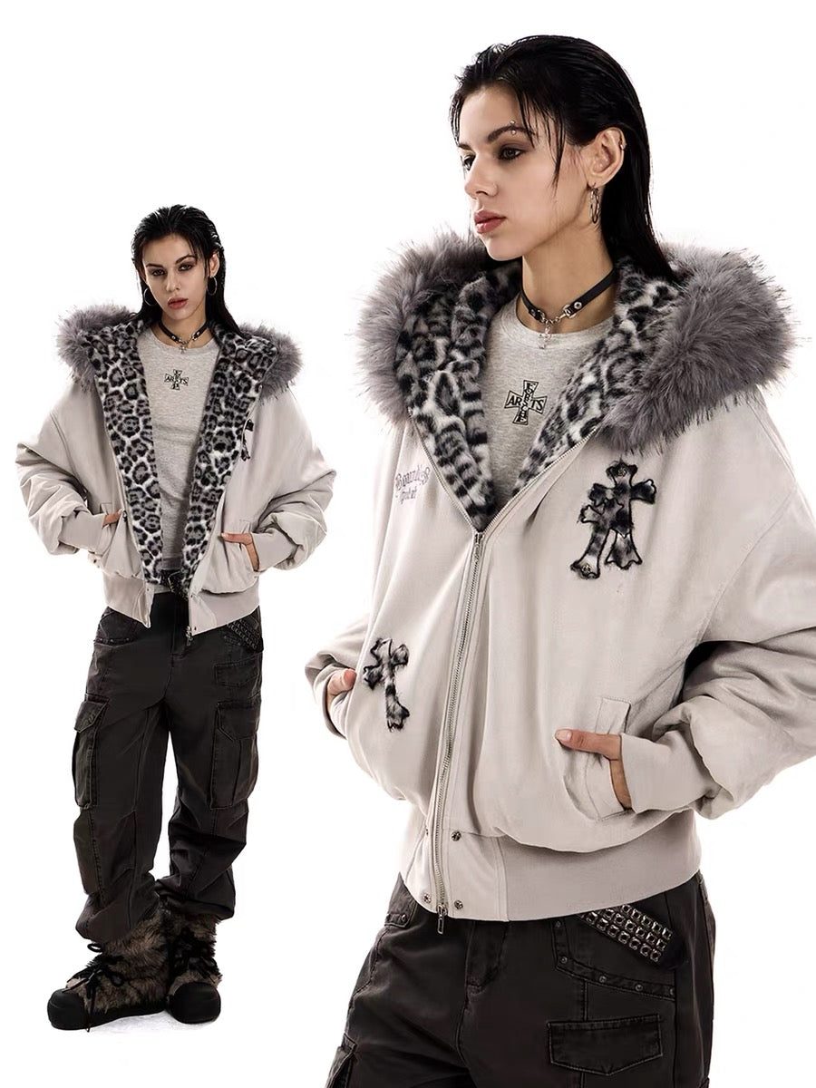 3-6-5.shop Cross Patch Fur Hoodie Jacket