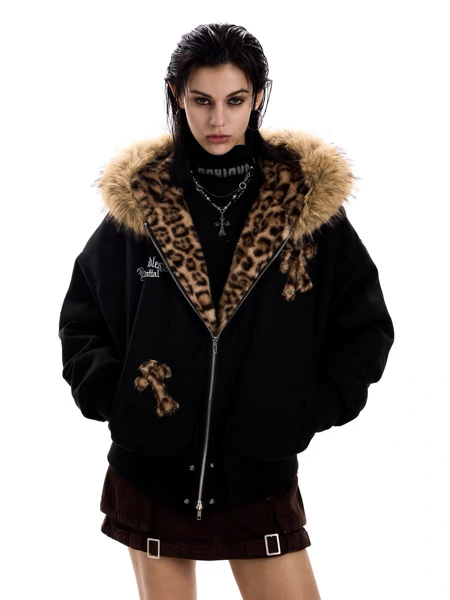 3-6-5.shop Cross Patch Fur Hoodie Jacket
