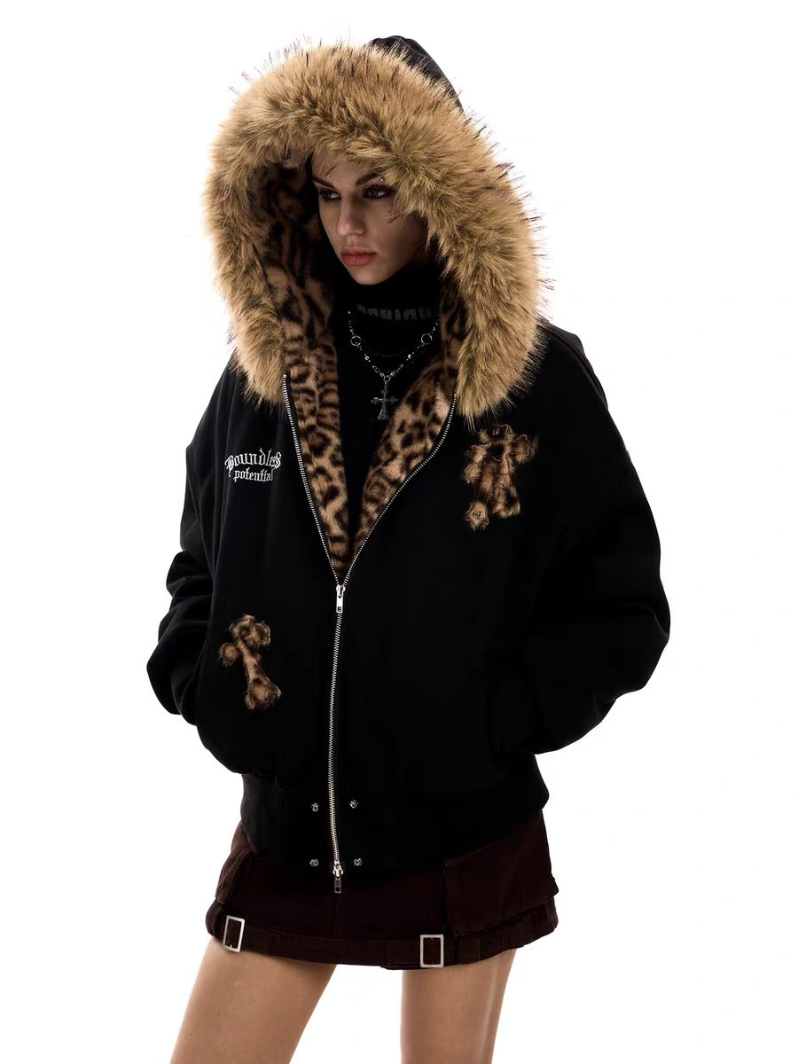 3-6-5.shop Cross Patch Fur Hoodie Jacket