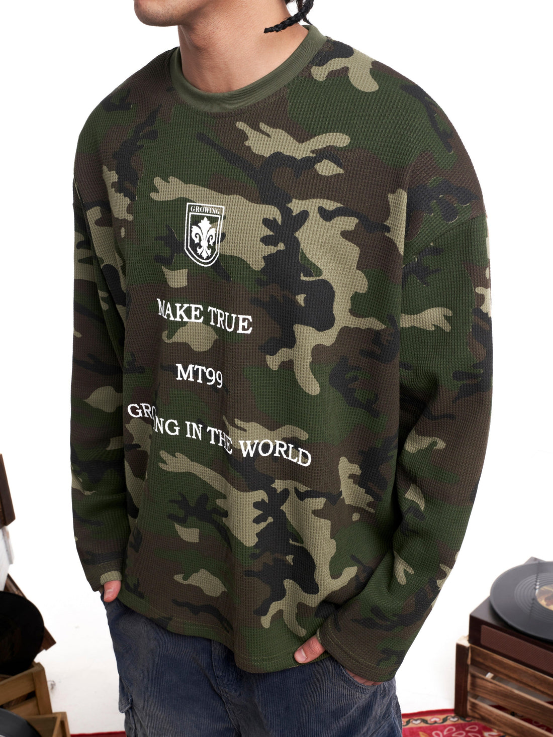 3-6-5.shop Camo Text Graphic Longsleeve