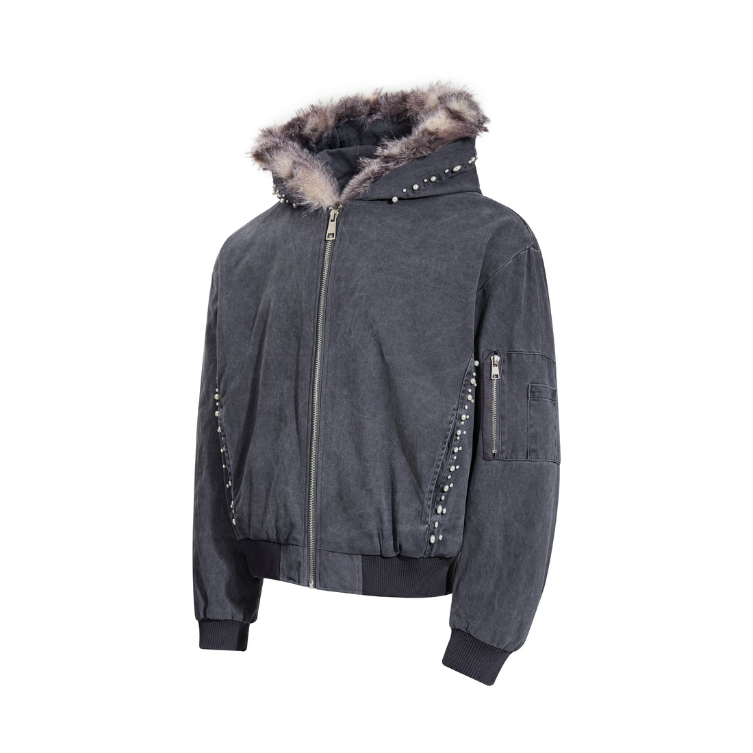 3-6-5.shop Studded Fur-Trim Hooded Jacket