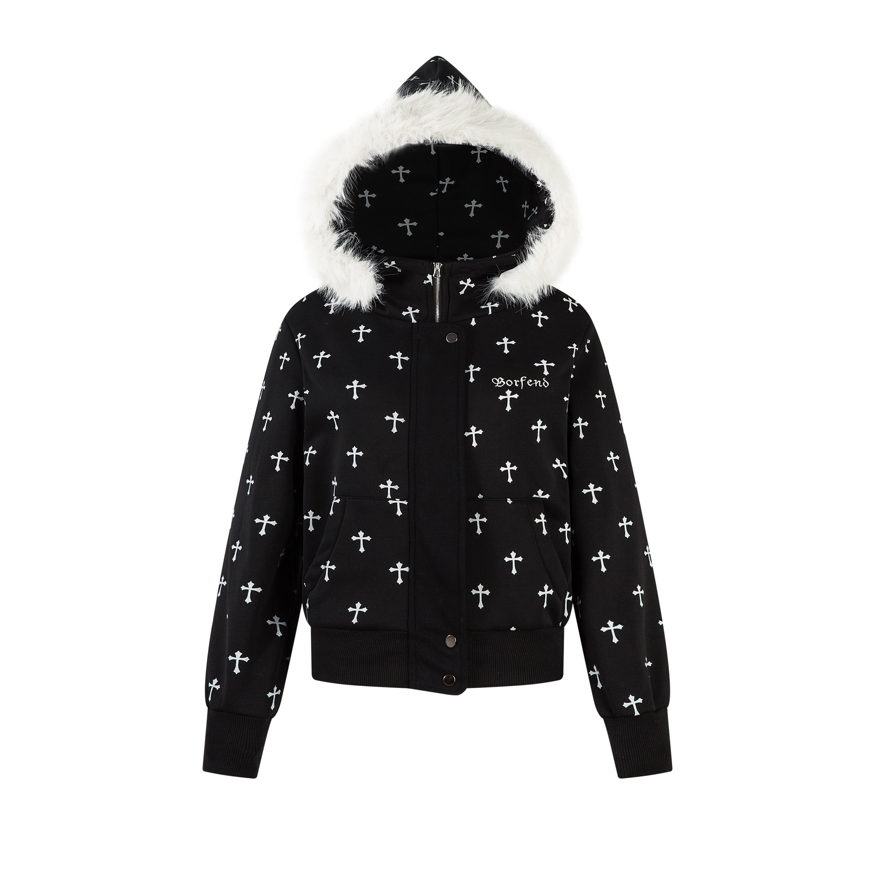 3-6-5.shop Cross Print Faux Fur Hooded Jacket