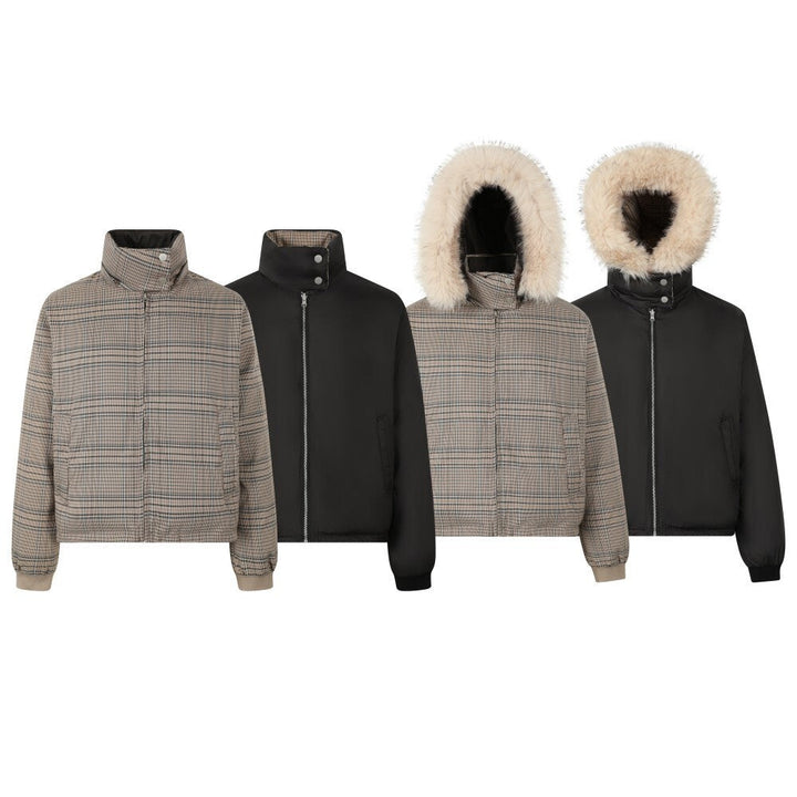 3-6-5.shop Reversible Plaid Fur Hooded Jacket
