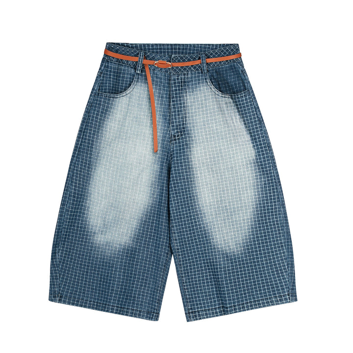 3-6-5.shop Washed Grid Denim Shorts