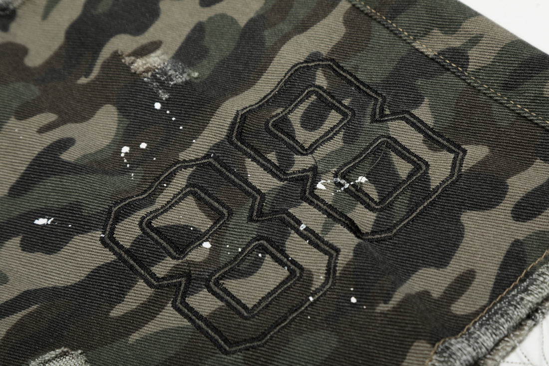 3-6-5.shop Camo Distressed Utility Denim Shorts