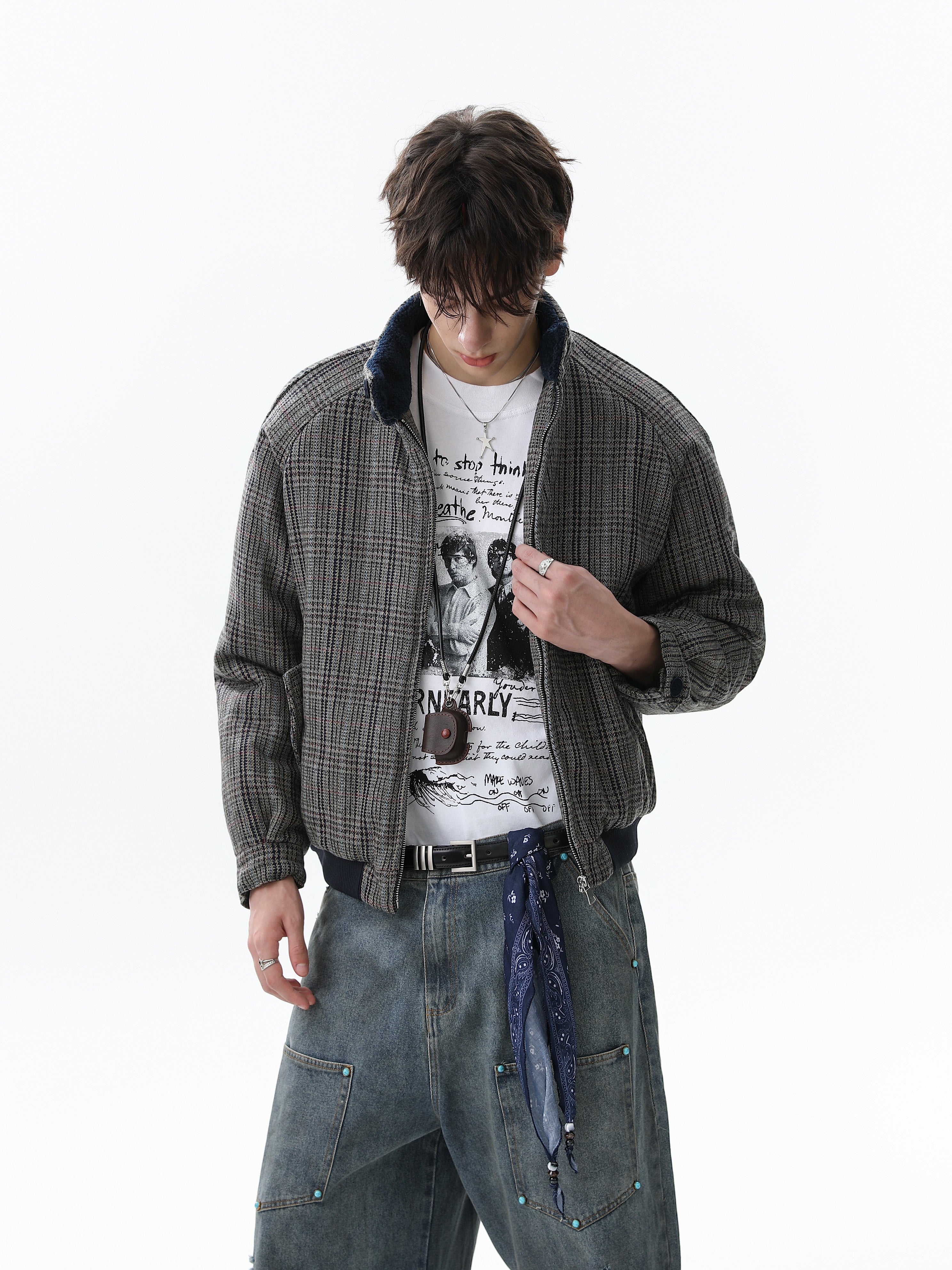 3-6-5.shop Vintage Check Wool Blend Bomber Jacket