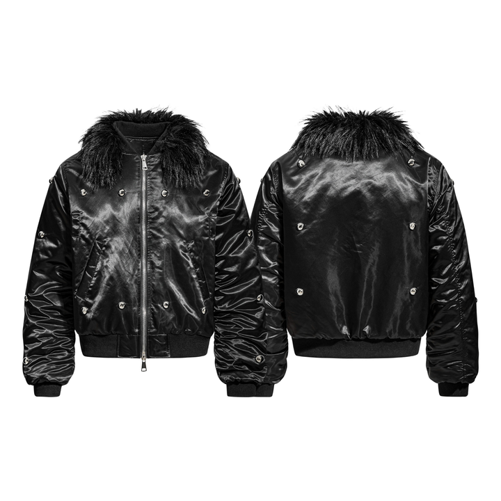 3-6-5.shop Faux Fur Collar Glossy Bomber Jacket
