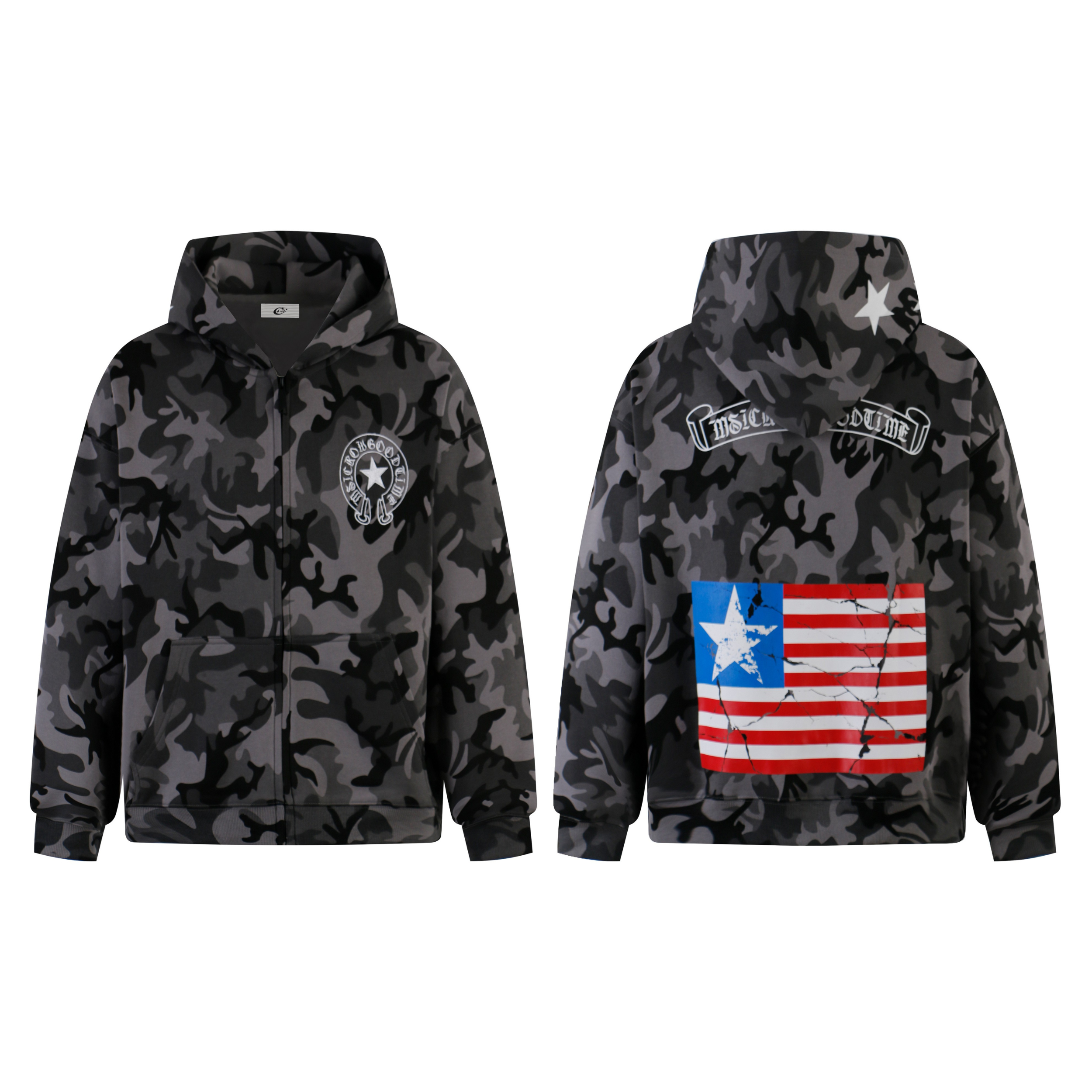 3-6-5.shop Camo Flag Zip-Up Hoodie