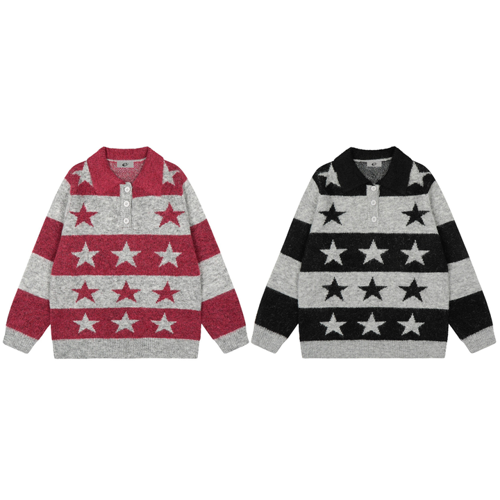 3-6-5.shop Star Stripe Knit Polo Sweater