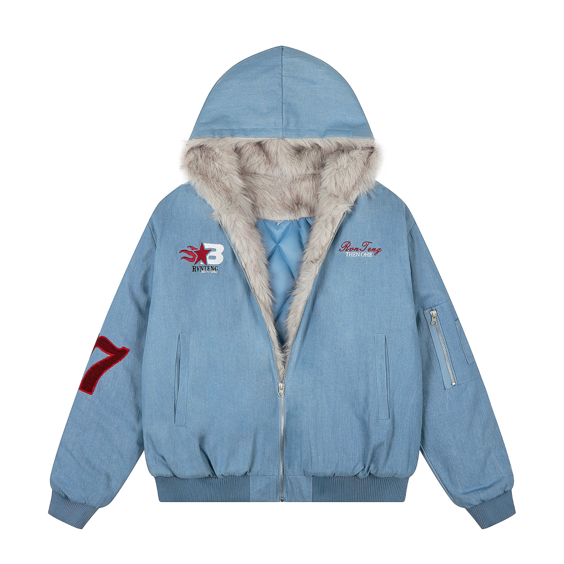 3-6-5.shop “97 Denim Varsity Hooded Jacket”