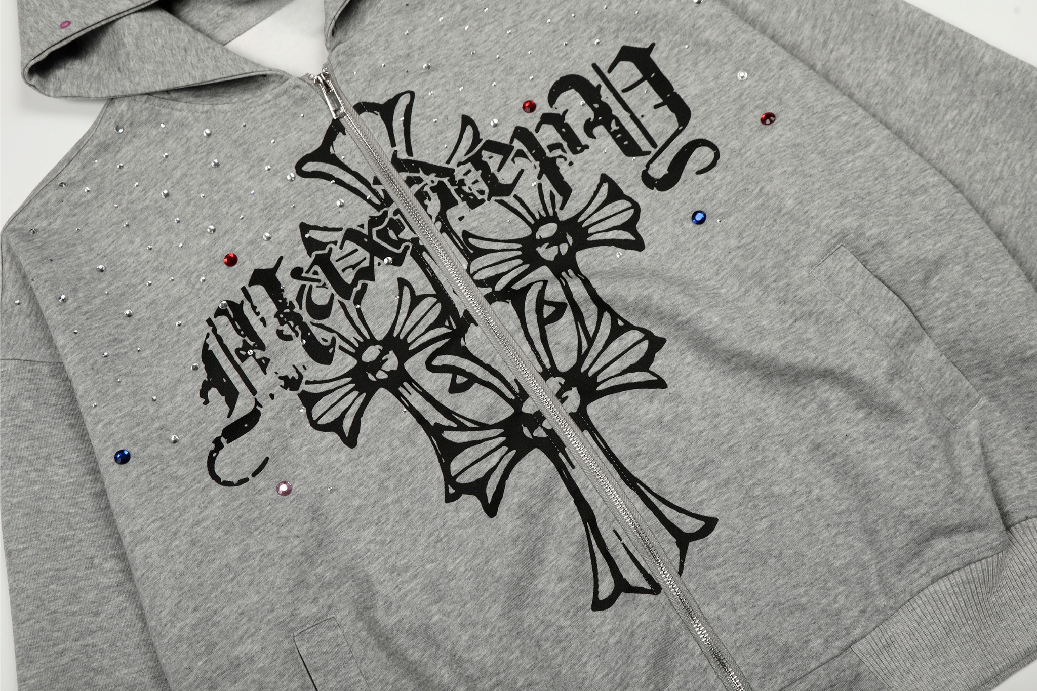 3-6-5.shop Rhinestone Cross Zip Hoodie