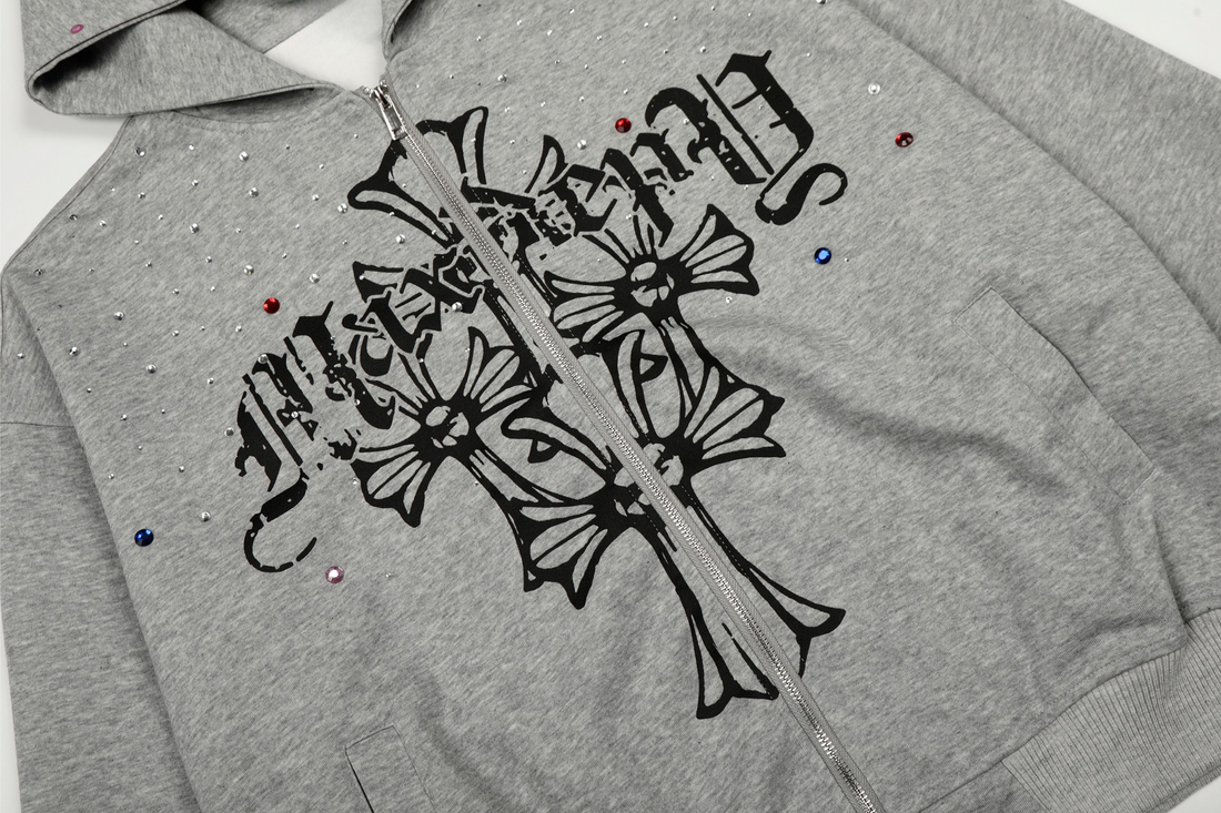 3-6-5.shop Rhinestone Cross Zip Hoodie
