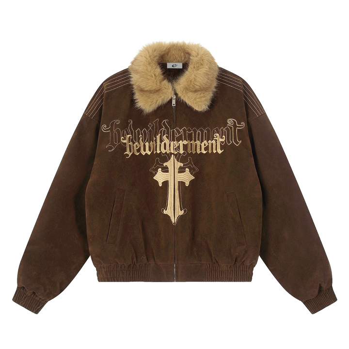 3-6-5.shop Gothic Cross Faux Fur Collar Jacket