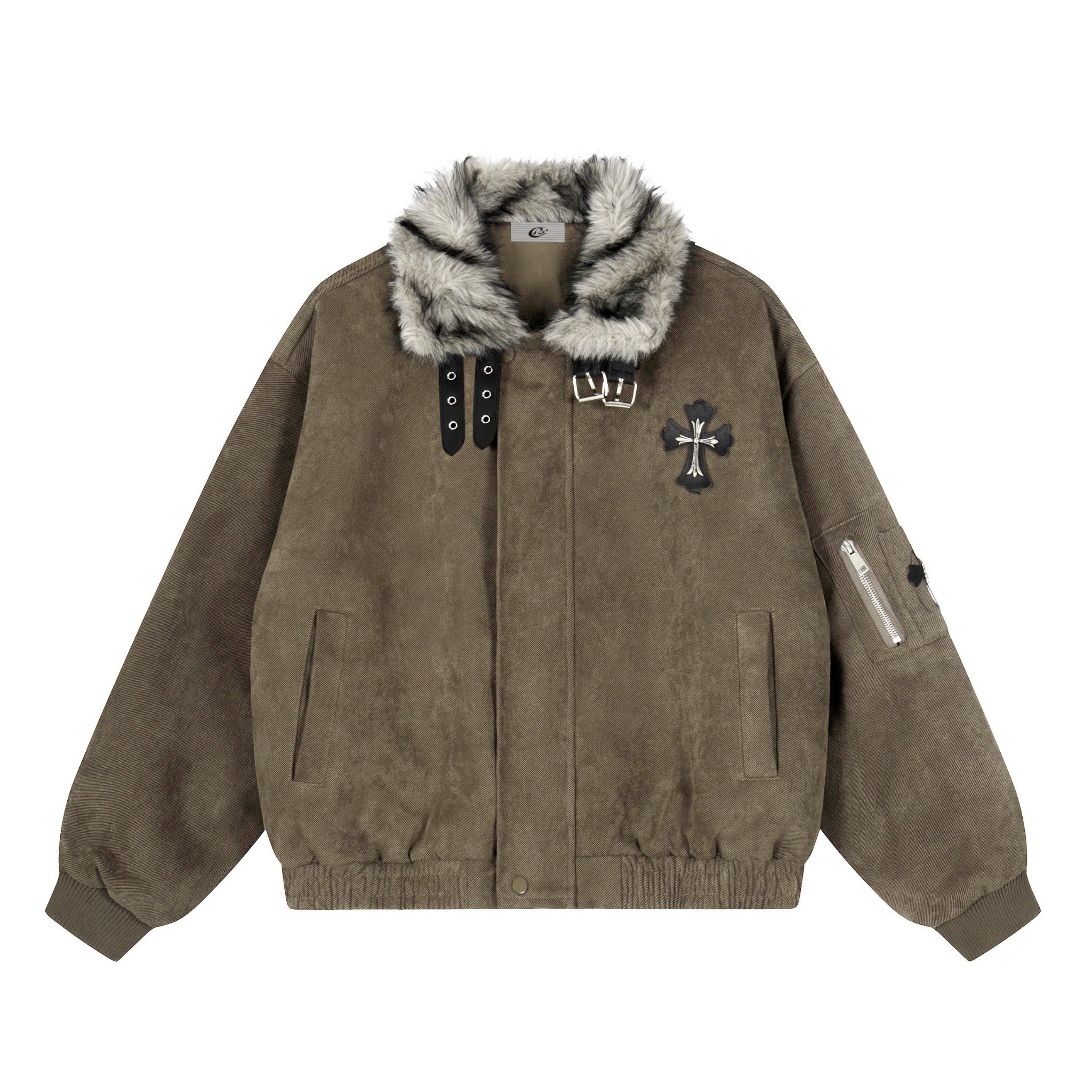 3-6-5.shop Faux Fur Collar Suede-Texture Buckle Bomber Jacket