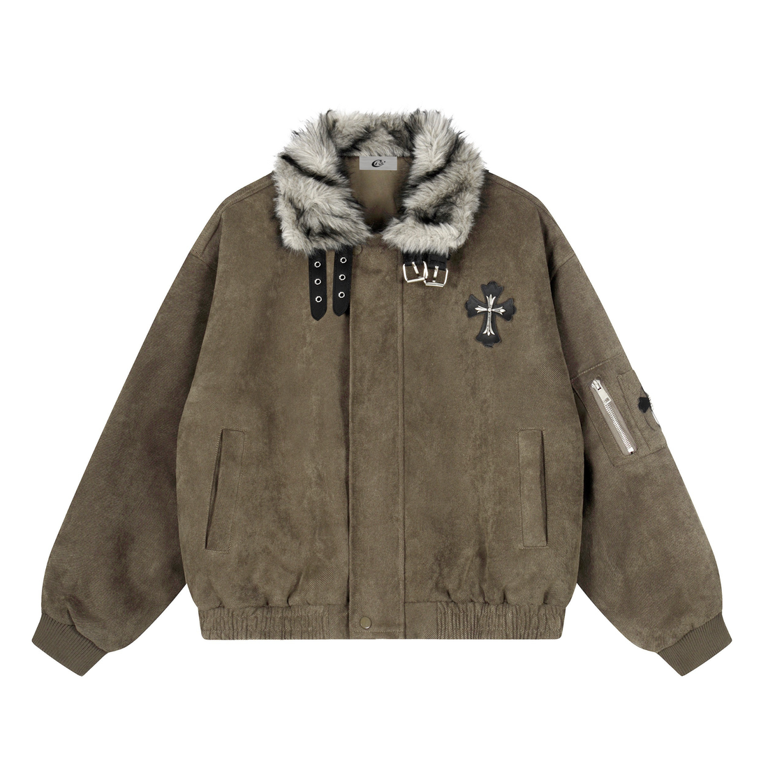 3-6-5.shop Faux Fur Collar Suede-Texture Buckle Bomber Jacket