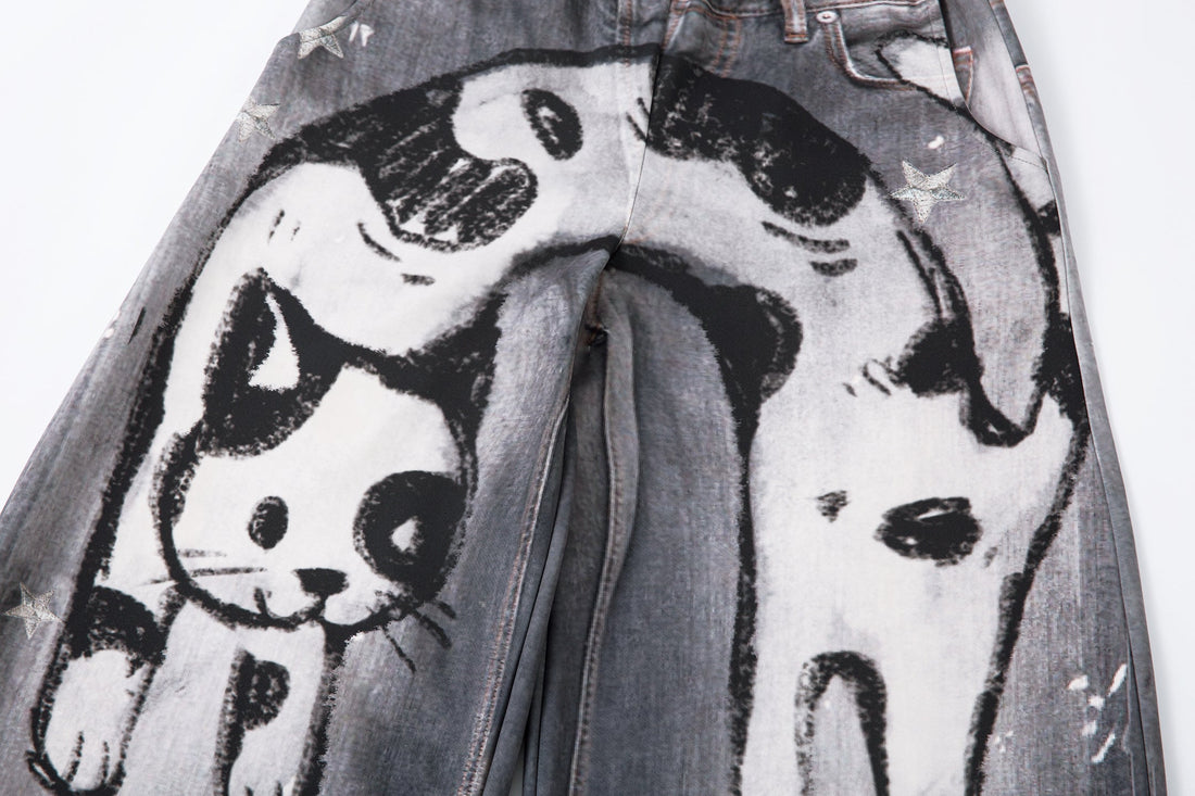 3-6-5.shop Cat Print Barrel Denim Pants
