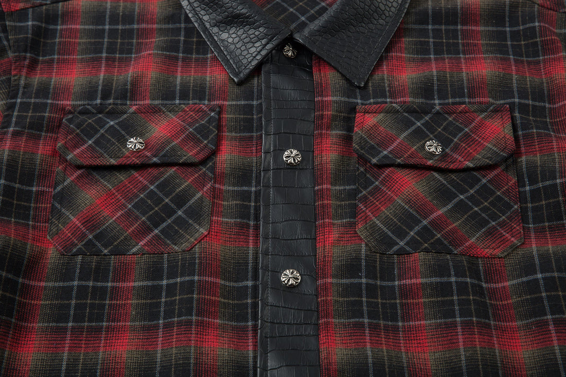 3-6-5.shop Plaid Faux-Leather Trim Flannel Shirt Jacket