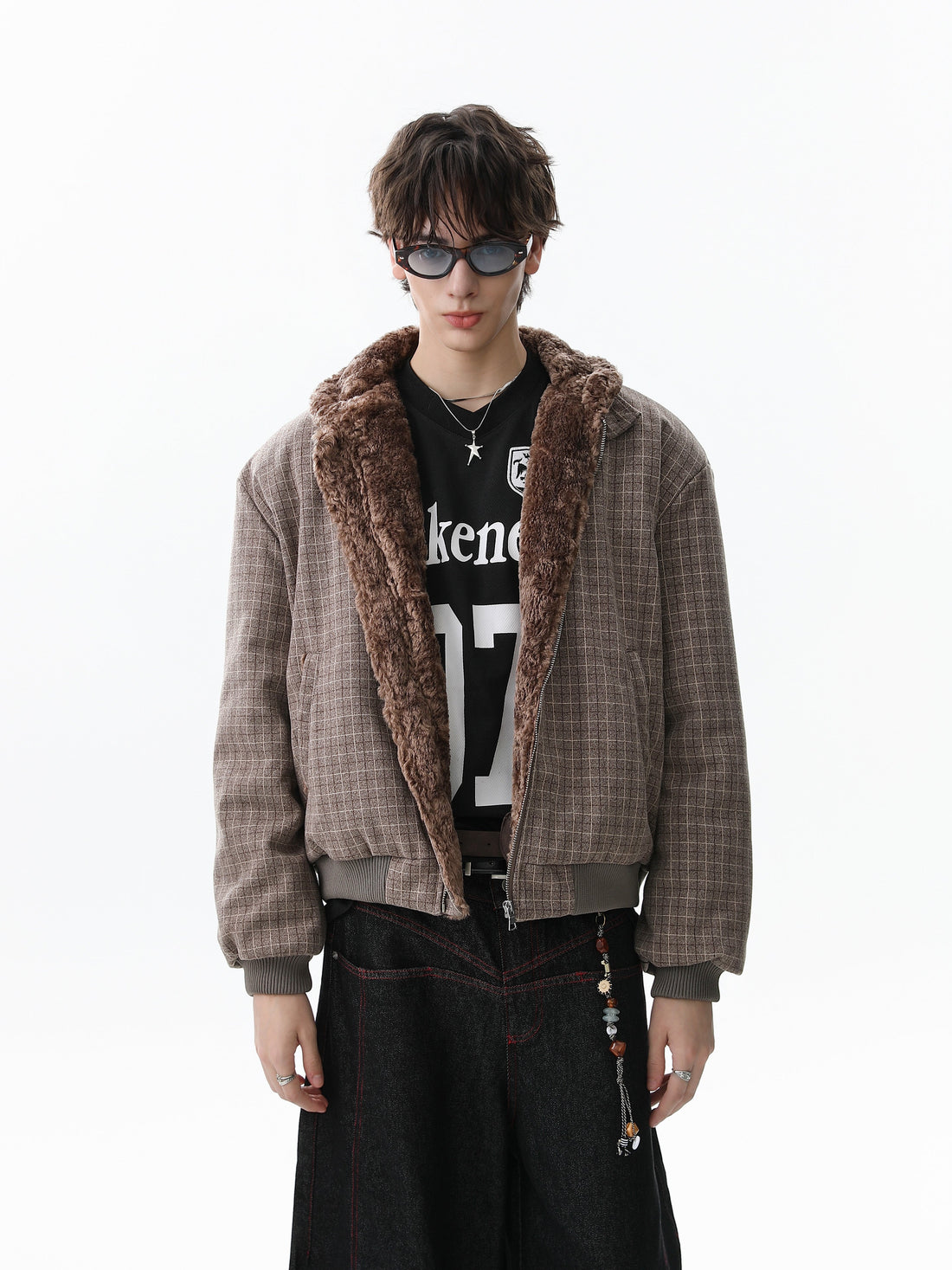 3-6-5.shop Check Pattern Faux Fur Collar Jacket