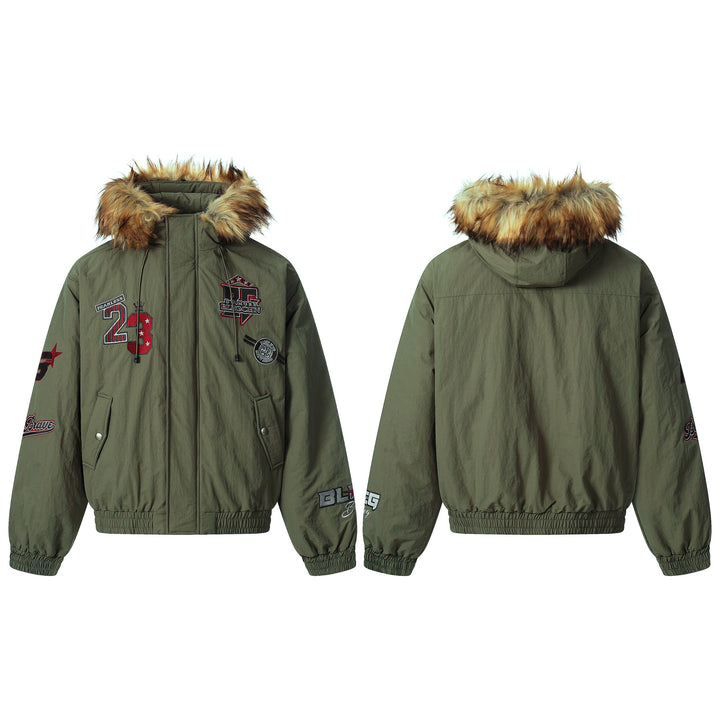 3-6-5.shop Varsity Patch Fur Hooded Puffer Jacket