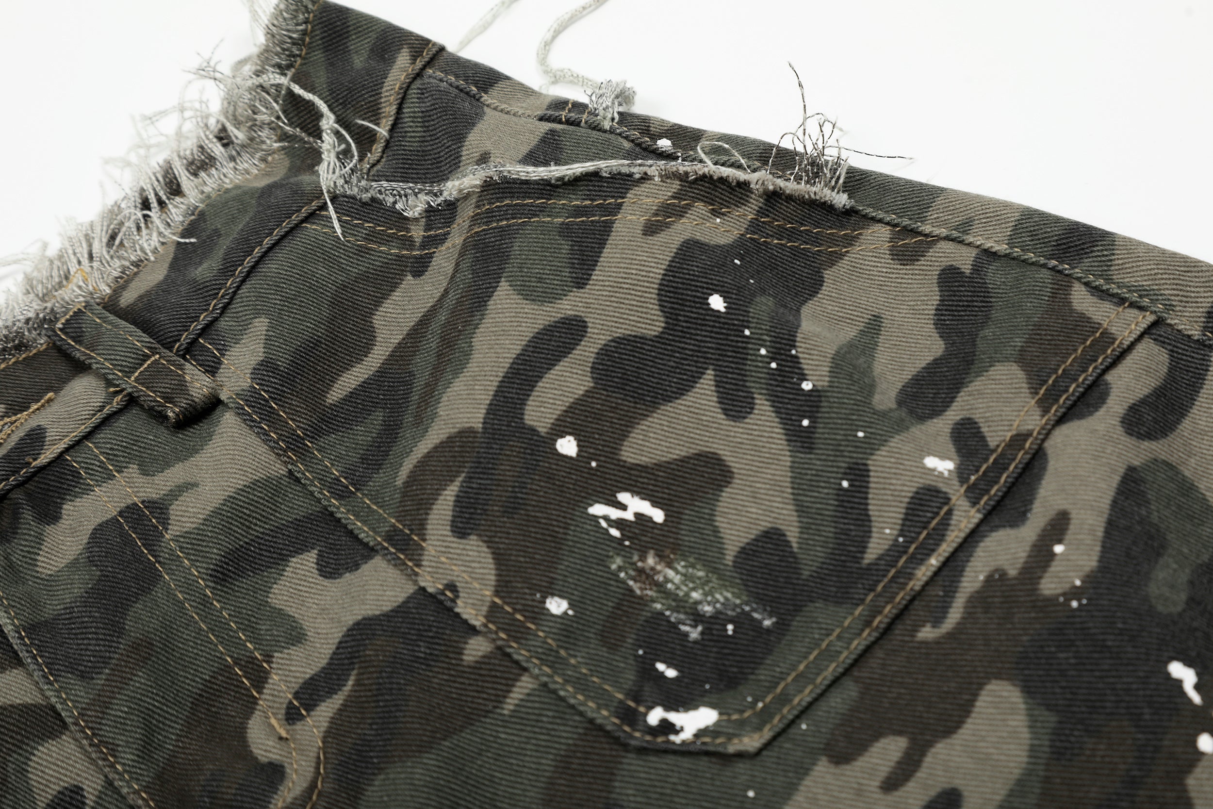 3-6-5.shop Camo Distressed Utility Denim Shorts