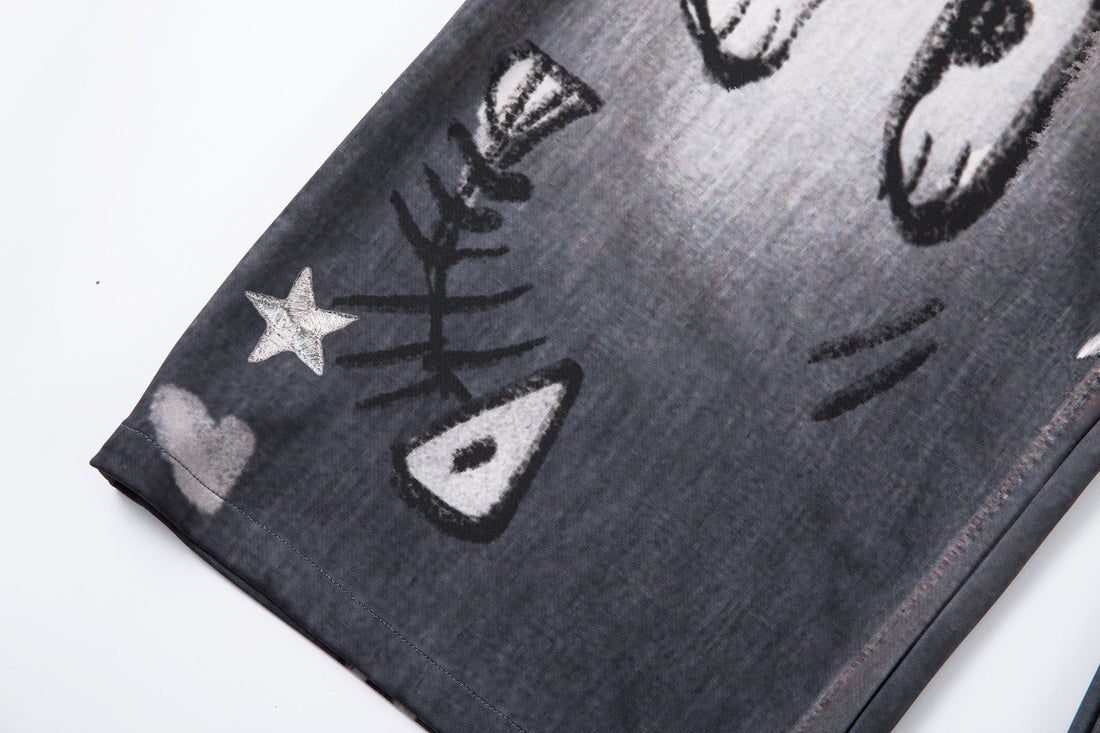 3-6-5.shop Cat Print Barrel Denim Pants