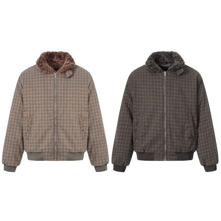 3-6-5.shop Check Pattern Faux Fur Collar Jacket