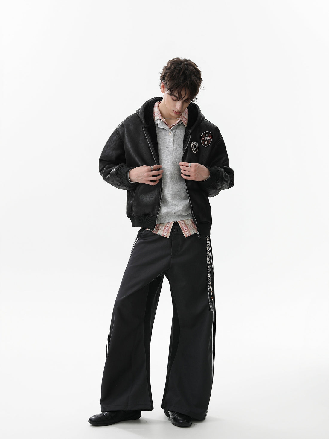 3-6-5.shop Badge PU Leather Hooded Jacket