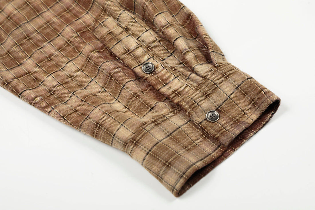 3-6-5.shop Patchwork Distressed Plaid Button-Up Shirt