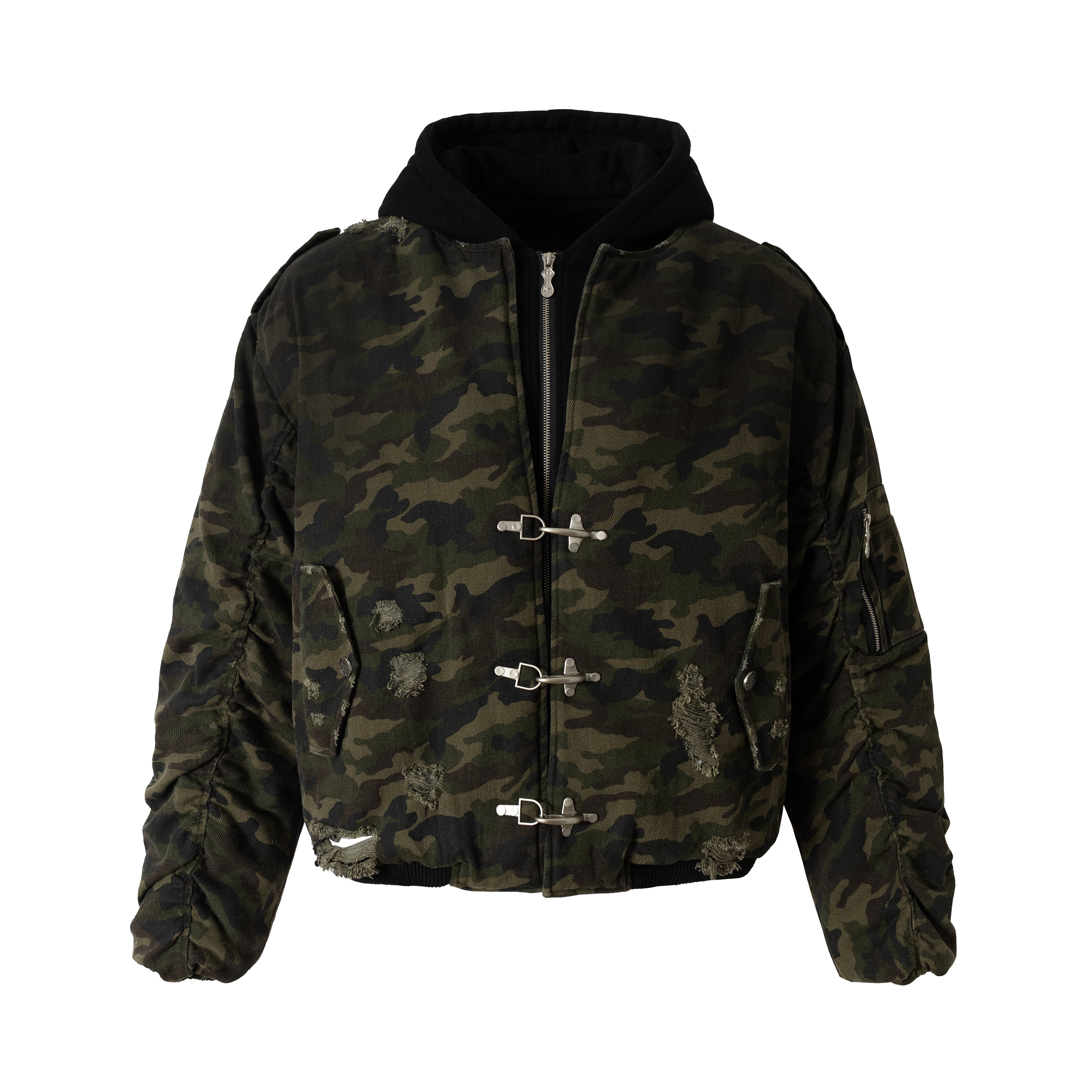 3-6-5.shop Camo Hook Detail Distressed Jacket