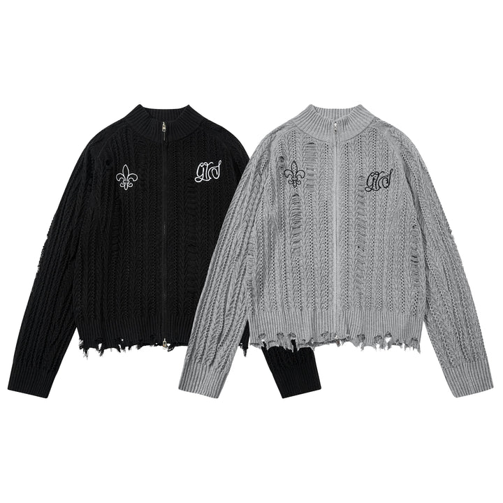 3-6-5.shop Distressed Knit Zip Cardigan