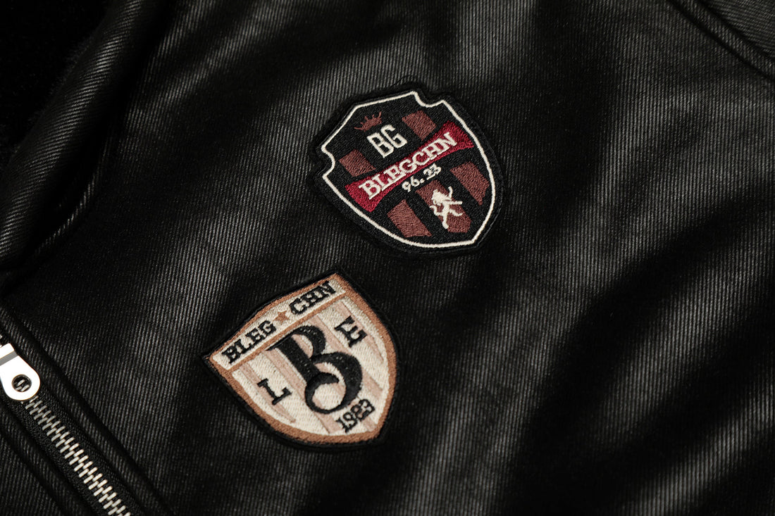 3-6-5.shop Badge PU Leather Hooded Jacket