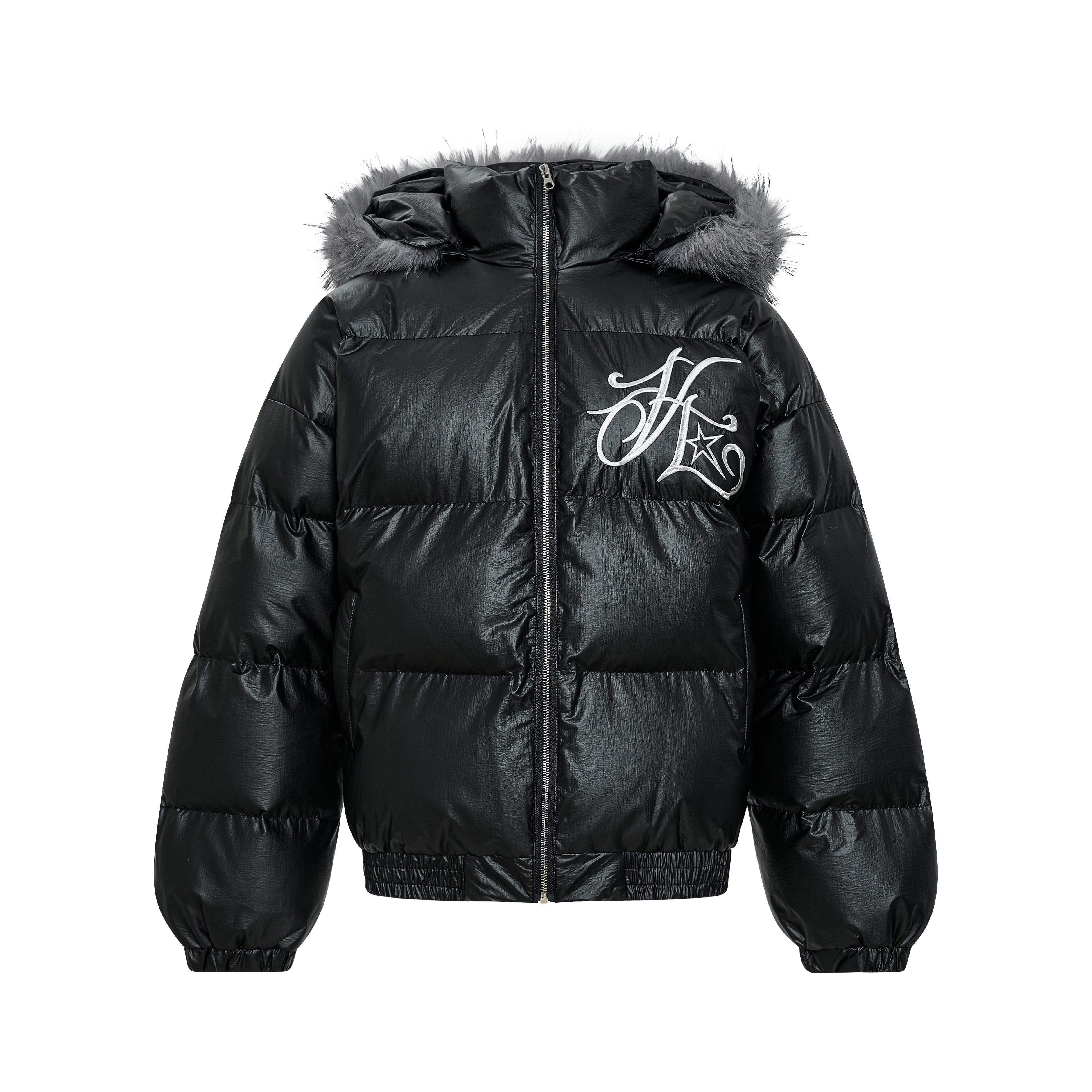 3-6-5.shop Shiny Fur-Trim Embroidered Puffer Jacket