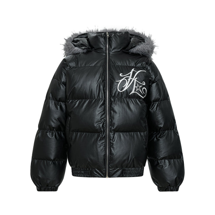 3-6-5.shop Shiny Fur-Trim Embroidered Puffer Jacket