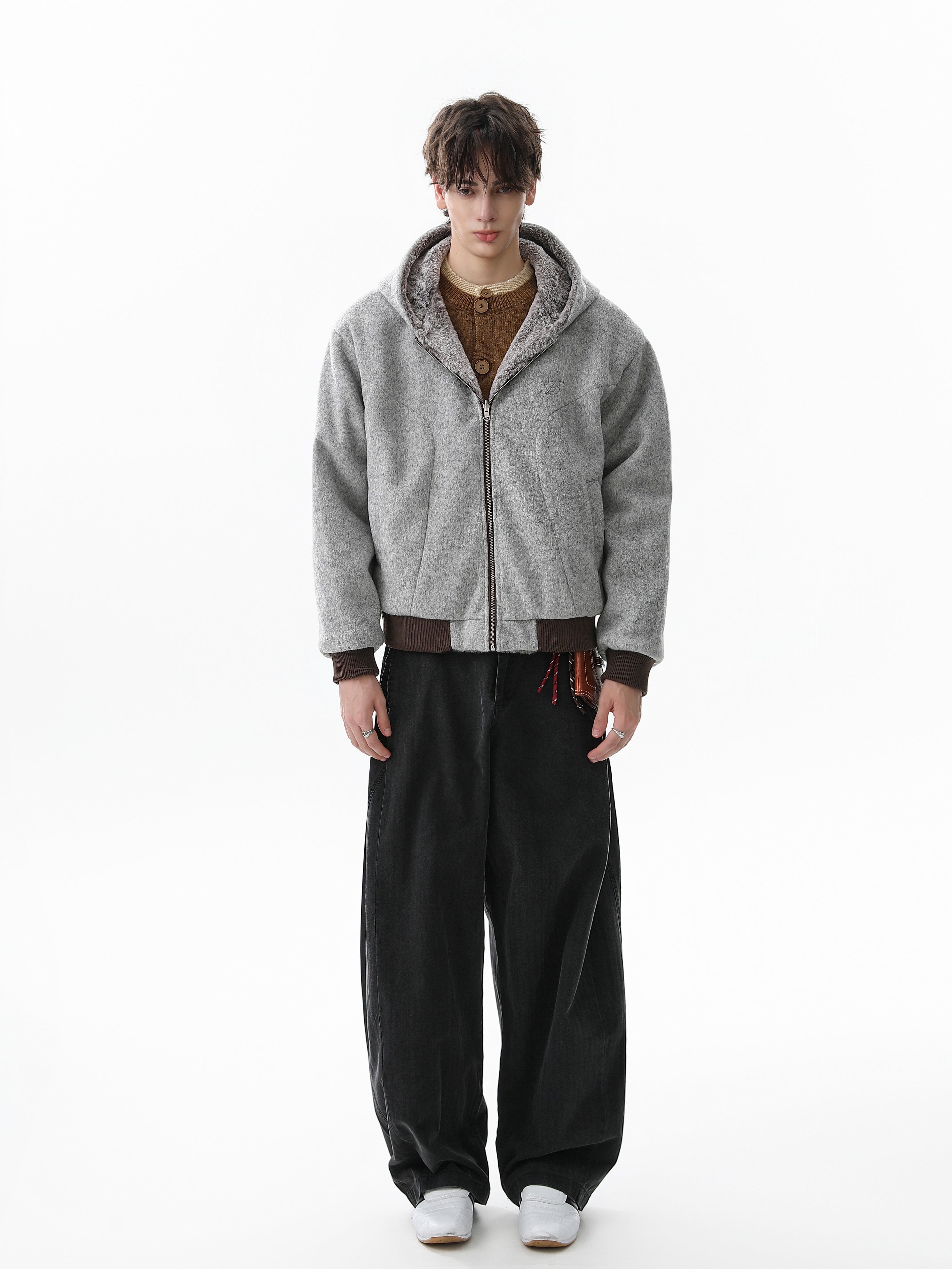3-6-5.shop Wool Blend Fleece Hooded Bomber Jacket