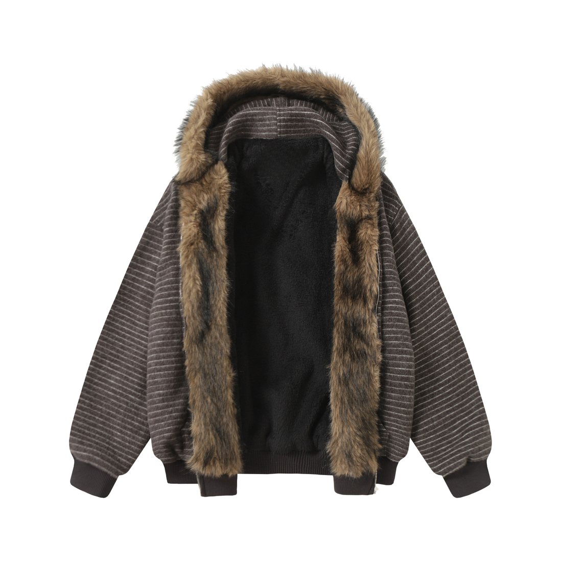 3-6-5.shop Striped Faux Fur-Lined Hooded Jacket