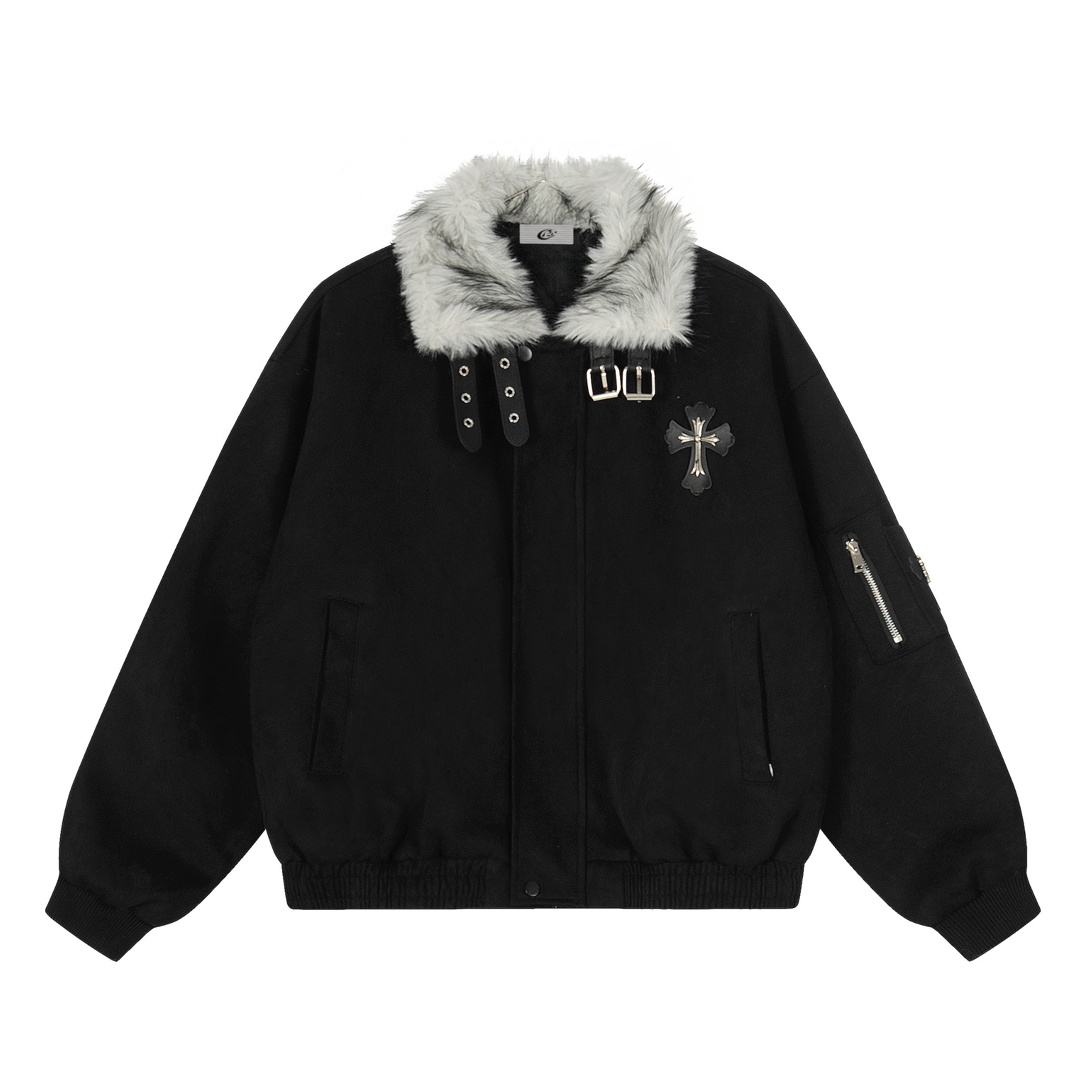 3-6-5.shop Faux Fur Collar Suede-Texture Buckle Bomber Jacket