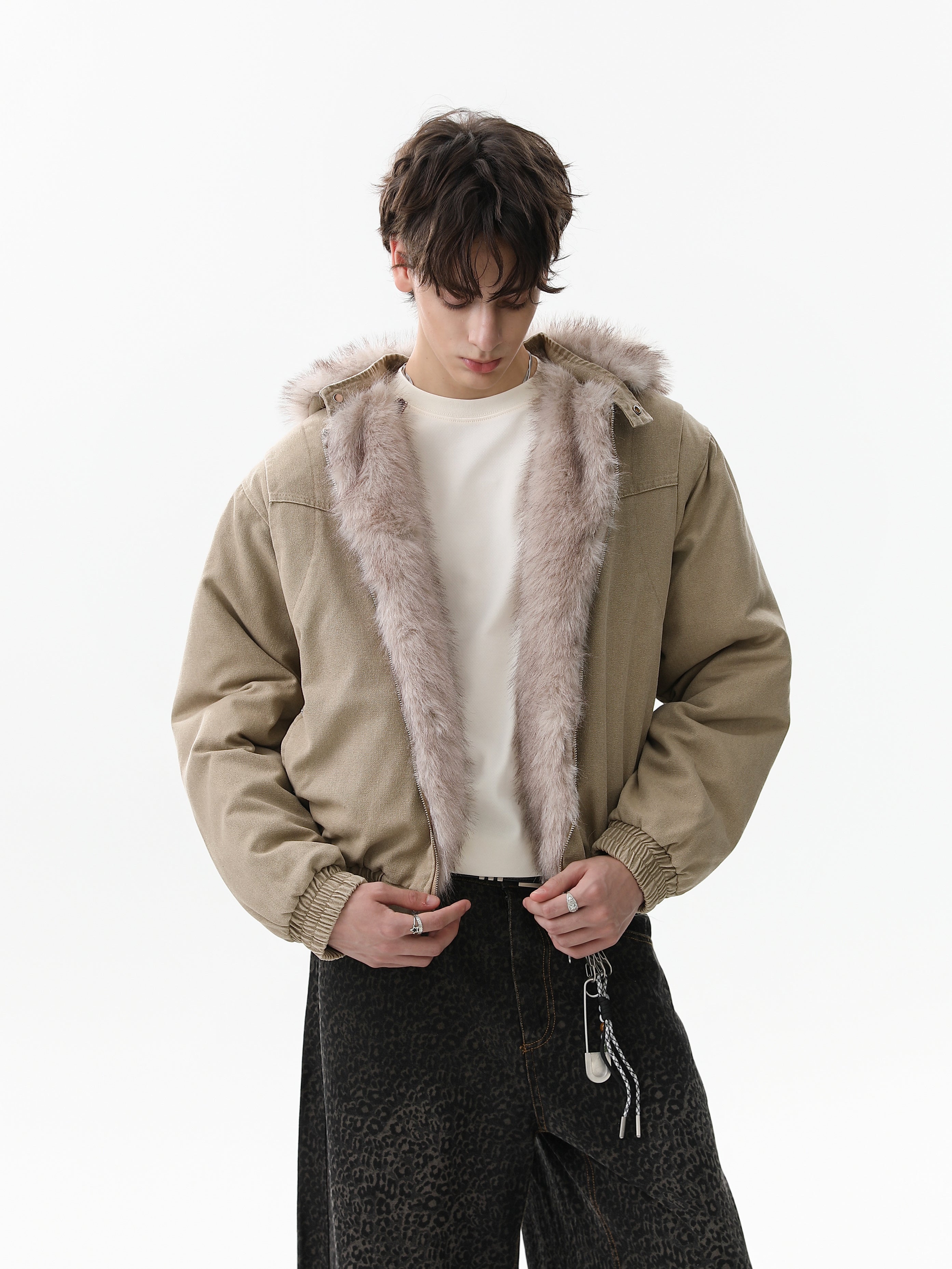 3-6-5.shop Detachable Fur Collar Washed Workwear Jacket