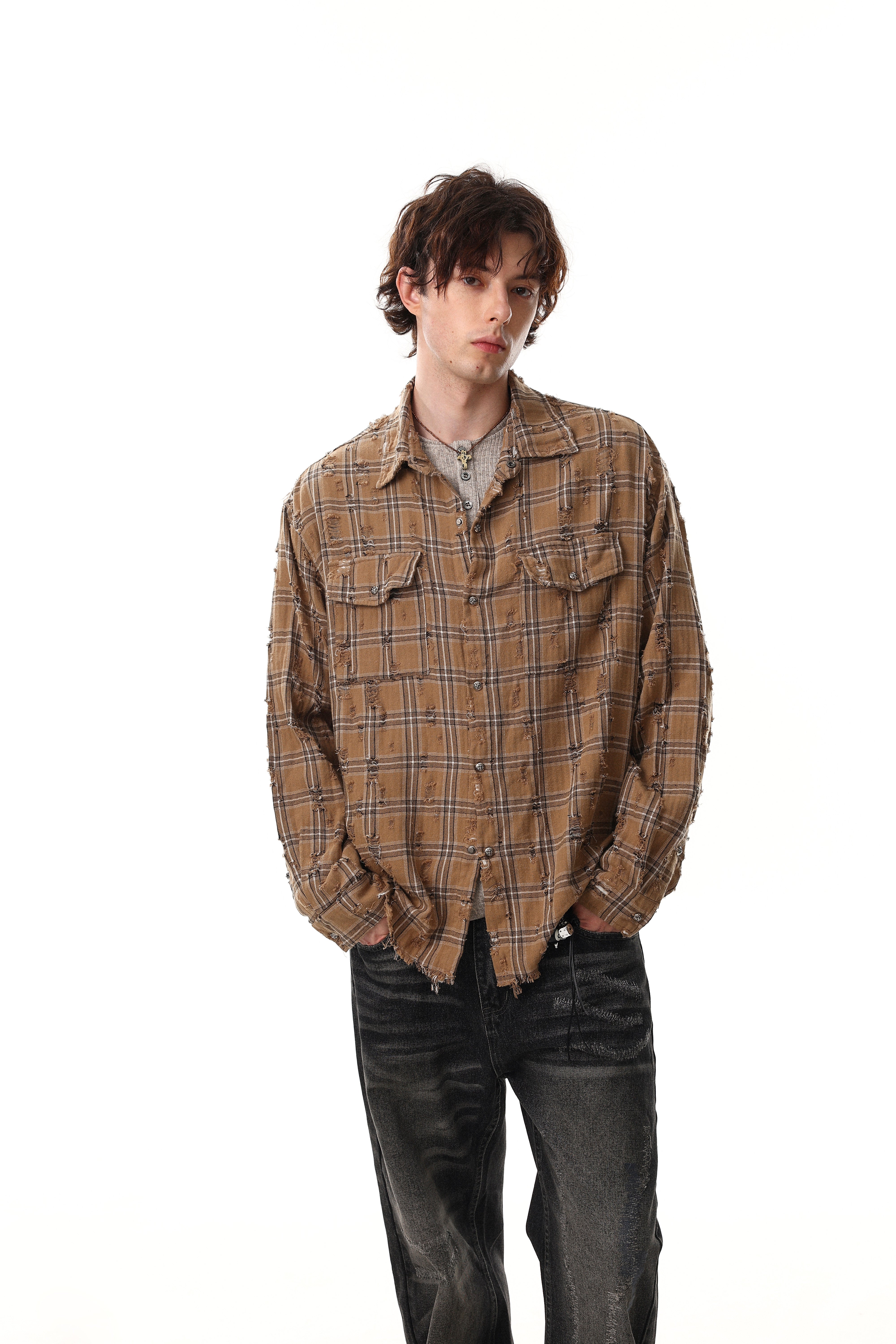 3-6-5.shop Distressed Plaid Shirt Jacket