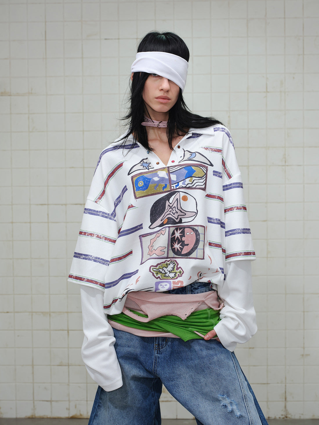 3-6-5.shop Abstract Stripe Long-Sleeve Polo Shirt