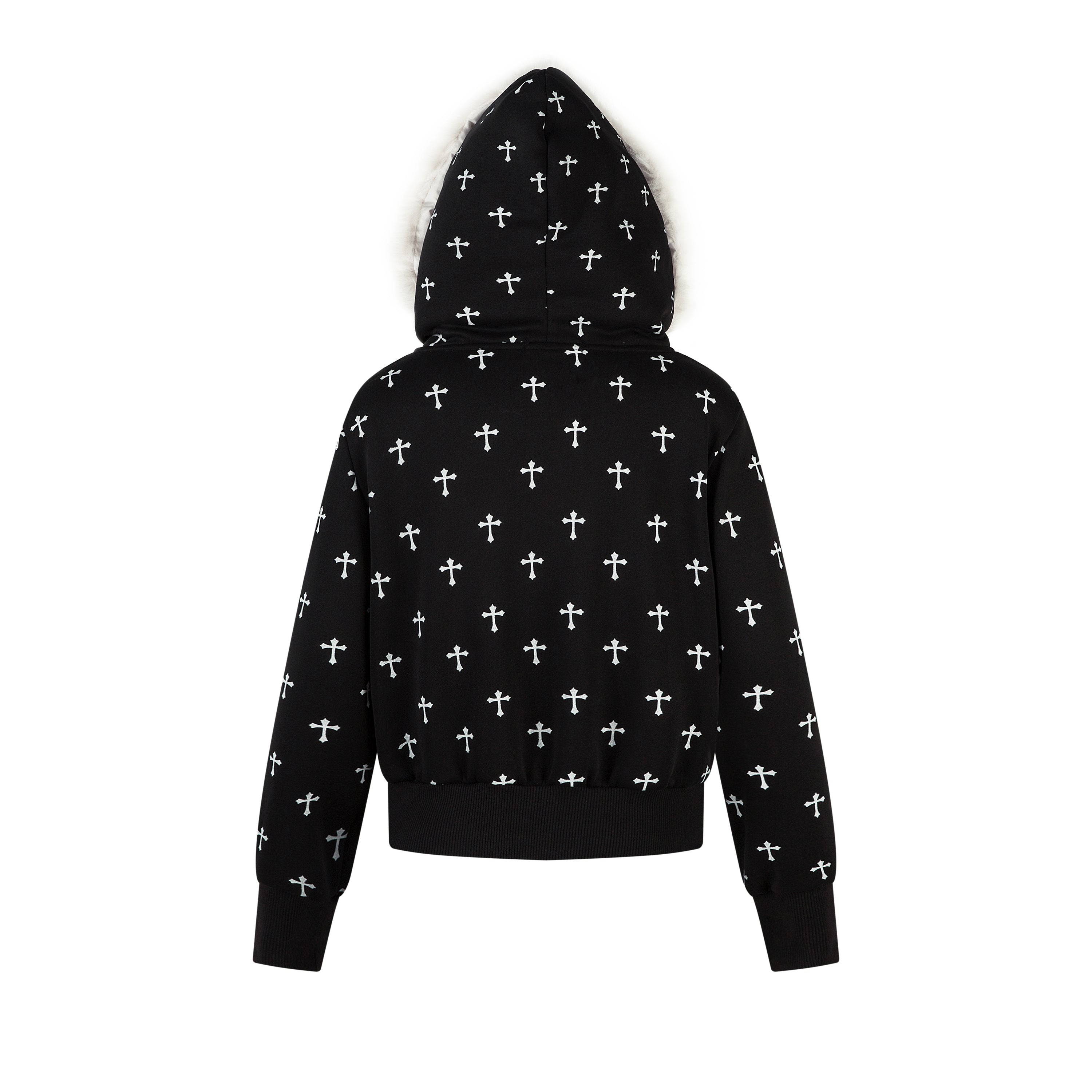 3-6-5.shop Cross Print Faux Fur Hooded Jacket