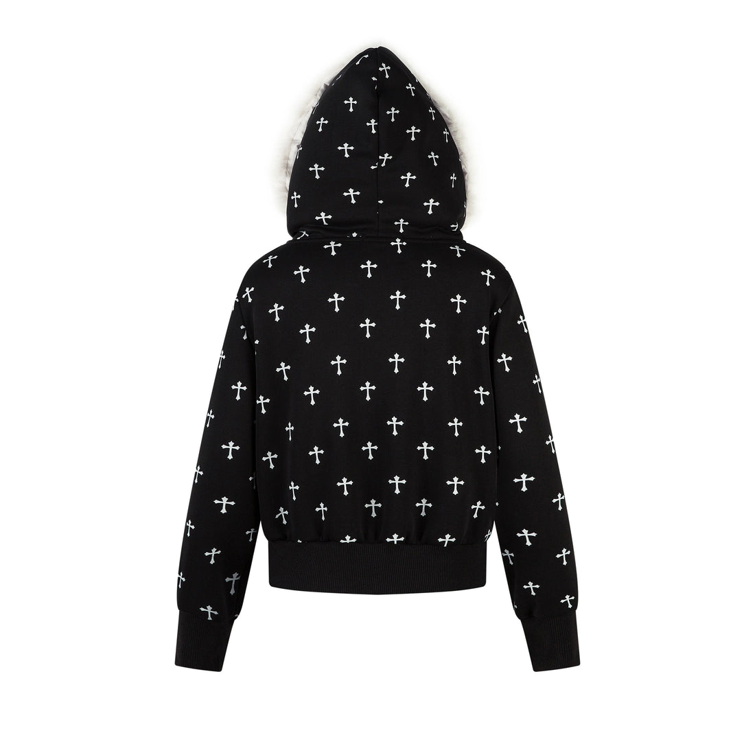 3-6-5.shop Cross Print Faux Fur Hooded Jacket
