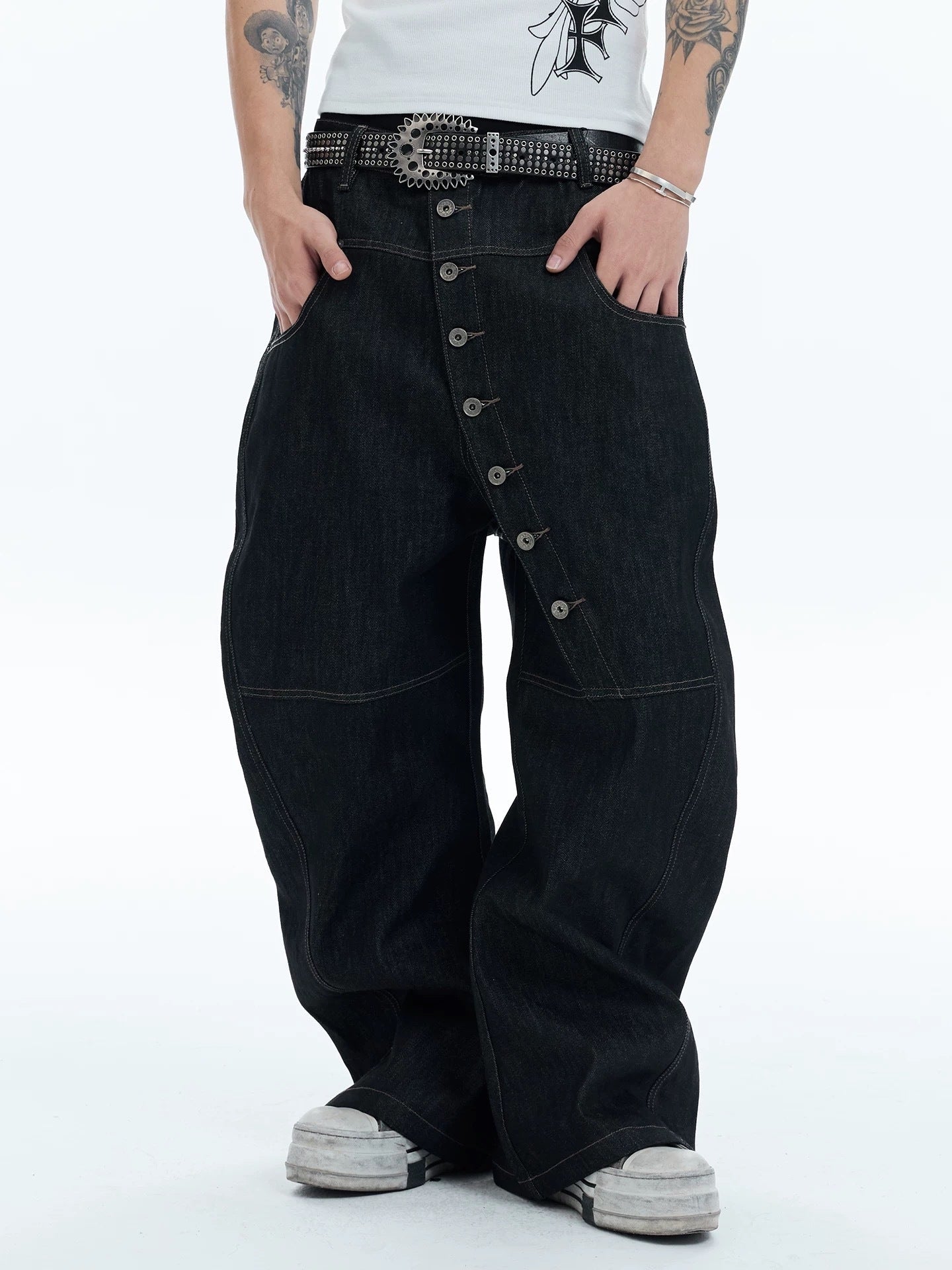 3-6-5.shop Asymmetric Button Wide-Leg Denim Pants