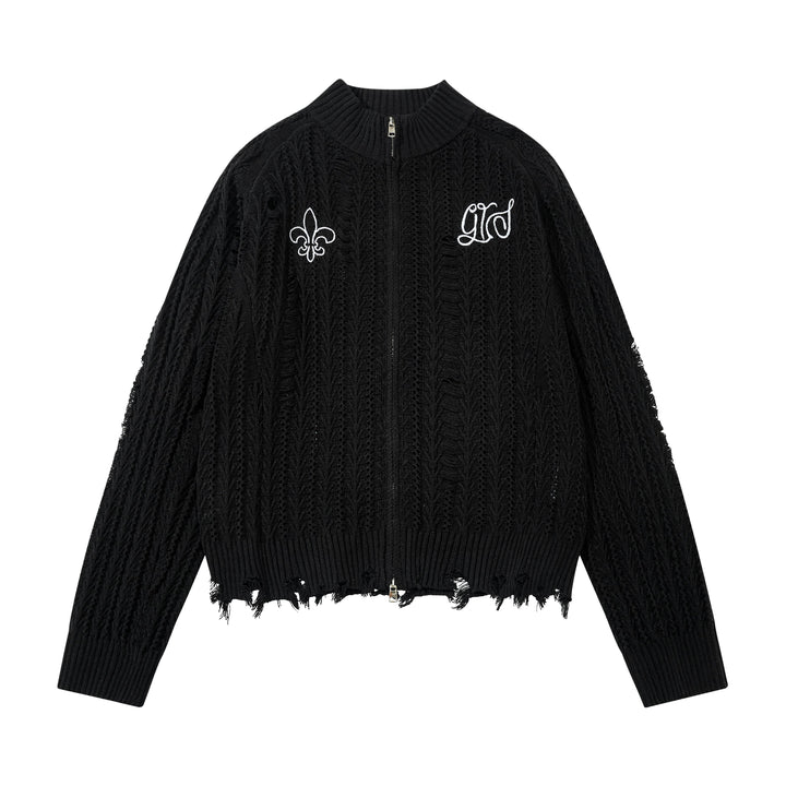 3-6-5.shop Distressed Knit Zip Cardigan
