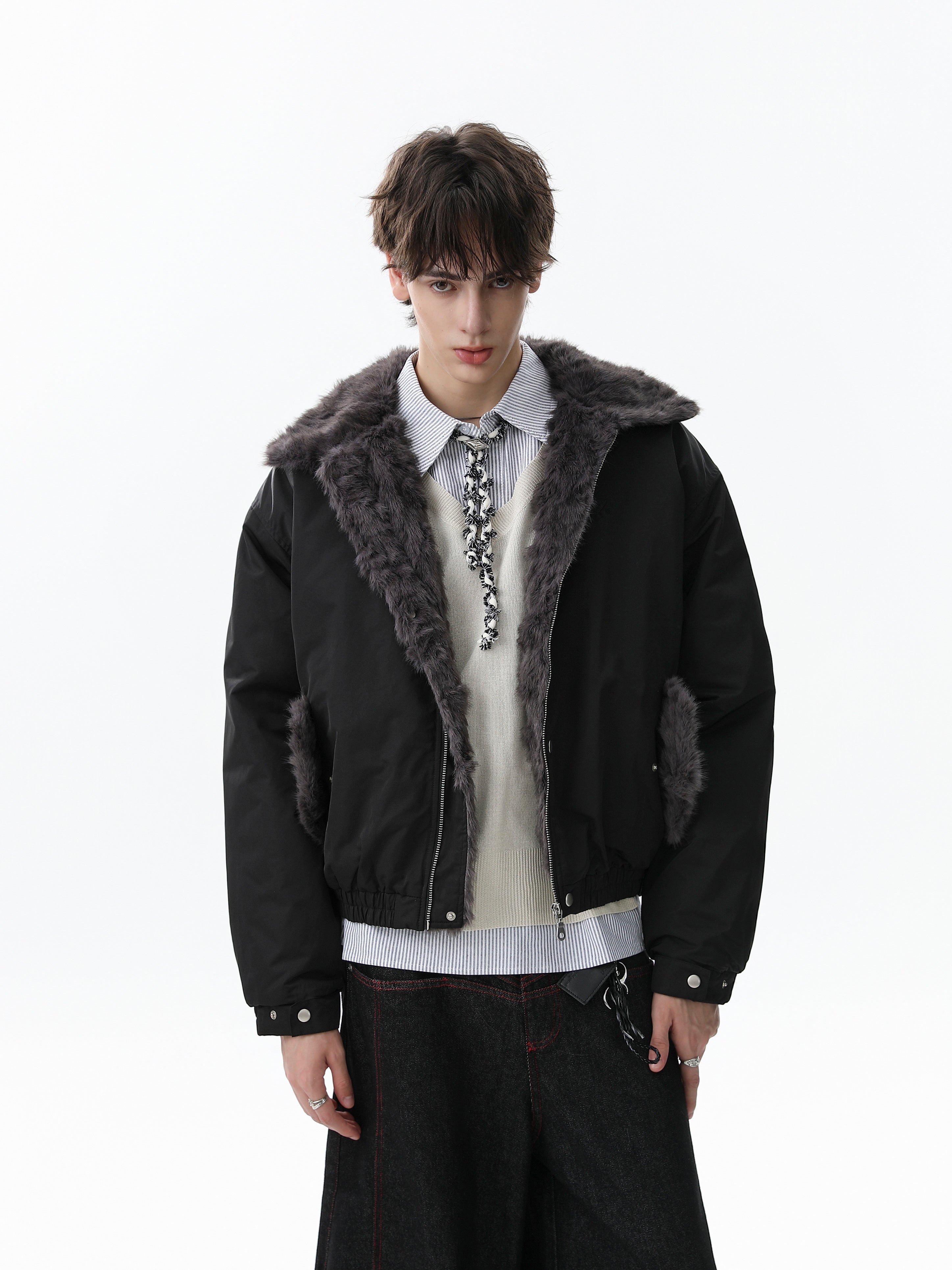 3-6-5.shop Faux Fur Collar Bomber Jacket
