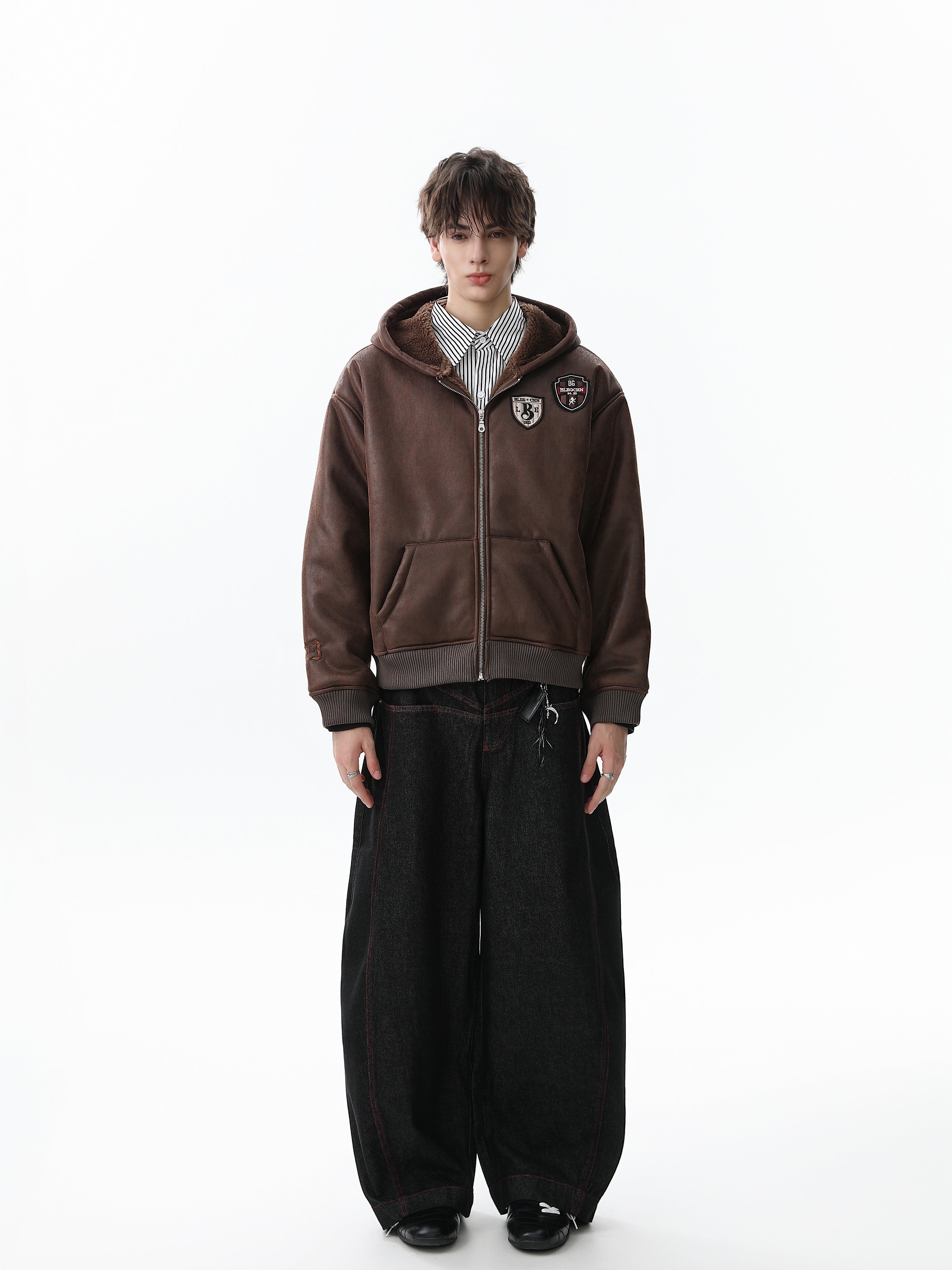 3-6-5.shop Badge PU Leather Hooded Jacket